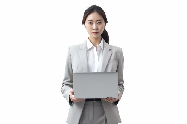 A woman in a grey suit holds a laptop in her hands.