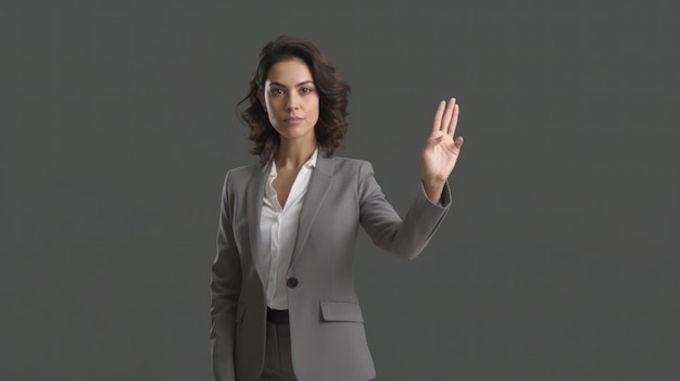 A woman in a grey suit is raising her hand in front of a grey background.