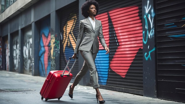 a woman in a grey suit is walking with a red suitcase