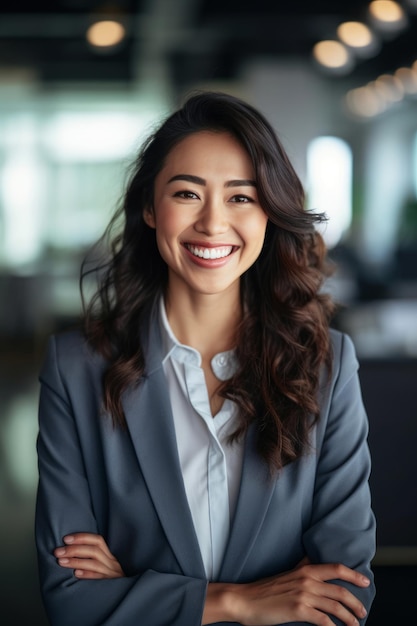 A woman in a grey suit smiles at the camera.