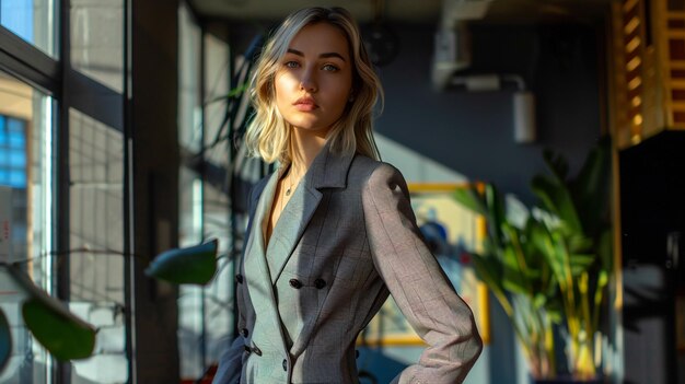 Photo a woman in a grey suit stands in front of a plant