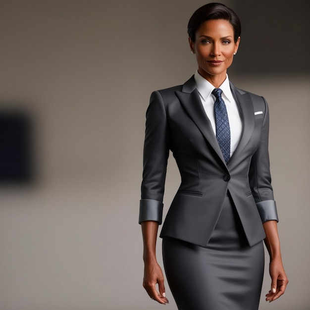 a woman in a grey suit stands in front of a white wall