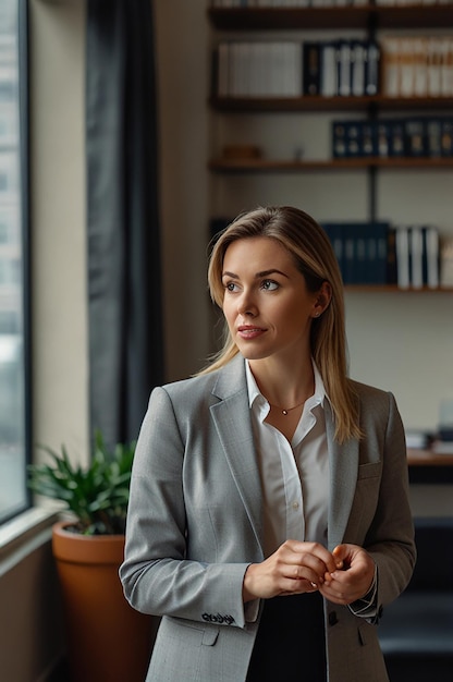 a woman in a grey suit stands in front of a window