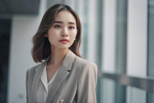 A woman in a grey suit stands in front of a window.