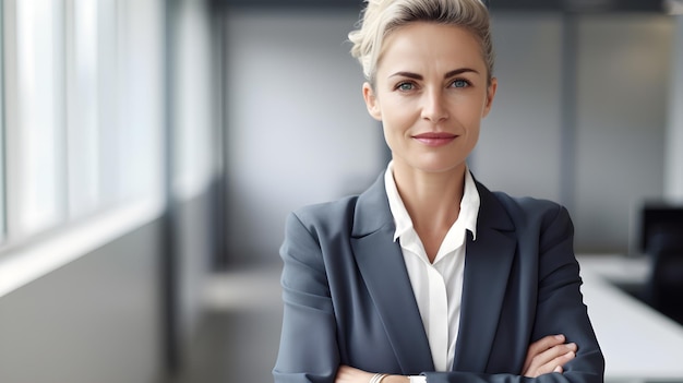 A woman in a grey suit stands with her arms crossed.