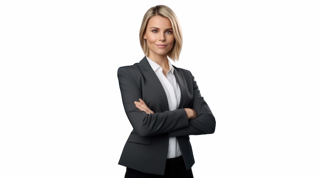 A woman in a grey suit stands with her arms crossed.