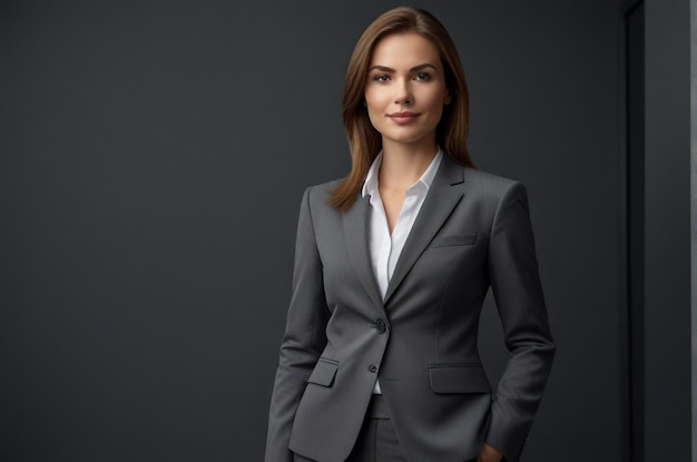 a woman in a grey suit with a white shirt and a white shirt