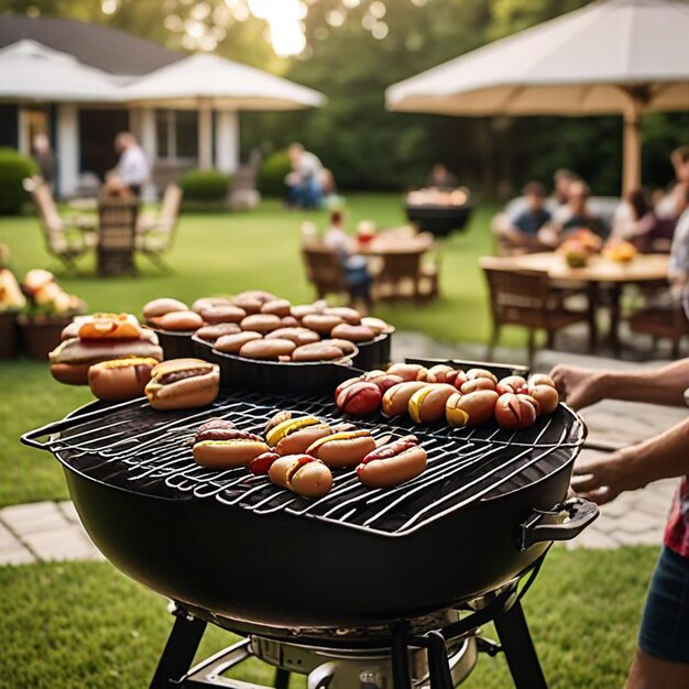 a woman grilling a barbecue with a group of people sitting around it