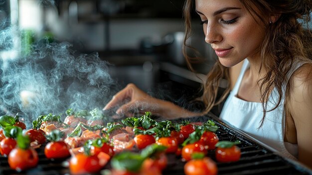 Photo woman grilling tomatoes and basil on a grill