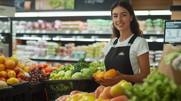 a woman in a grocery store holding a basket of vegetables