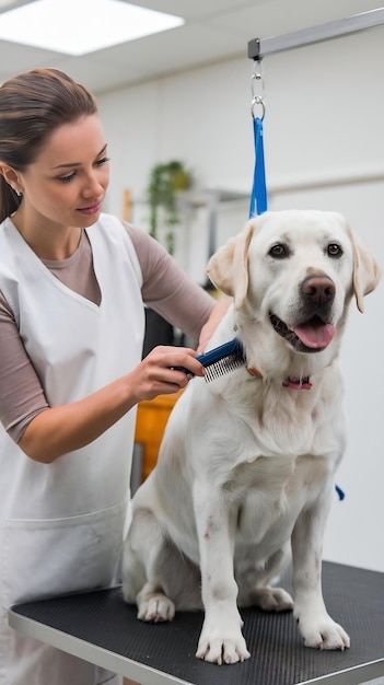 Woman groomer combing fur white labrador retriever dog grooming dog