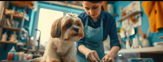 Woman Grooming a Dog With a Knife