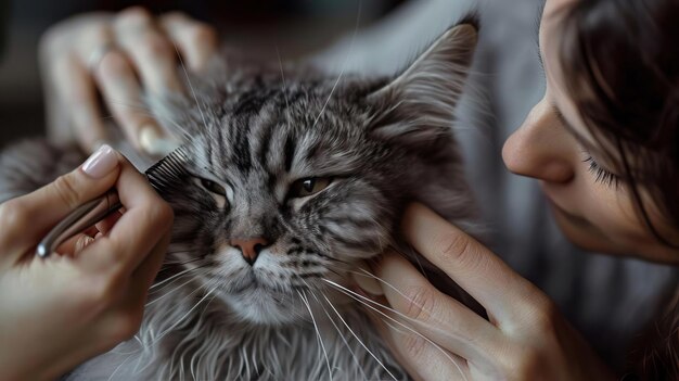 Woman grooming a grey fluffy cat using a brush to care for its fur rendered in hyper detail and ultra HD showcasing the attentive and detailed grooming process in 32k resolution