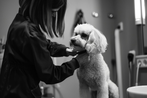 Photo a woman grooming a small white dog in a black and white photo