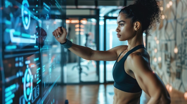 Photo a woman at the gym uses a modern touch screen for interactive fitness blending tech with exercise aig62