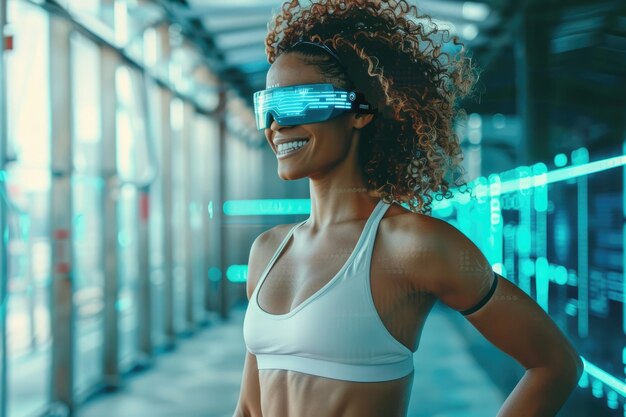 Photo a woman at the gym uses a modern touch screen for interactive fitness blending tech with exercise aig62