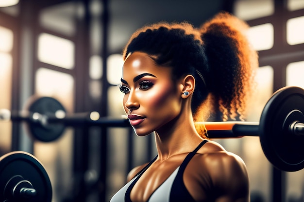 A woman in a gym with a barbell in her hand.