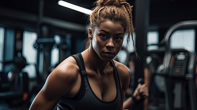 A woman in a gym with a barbell