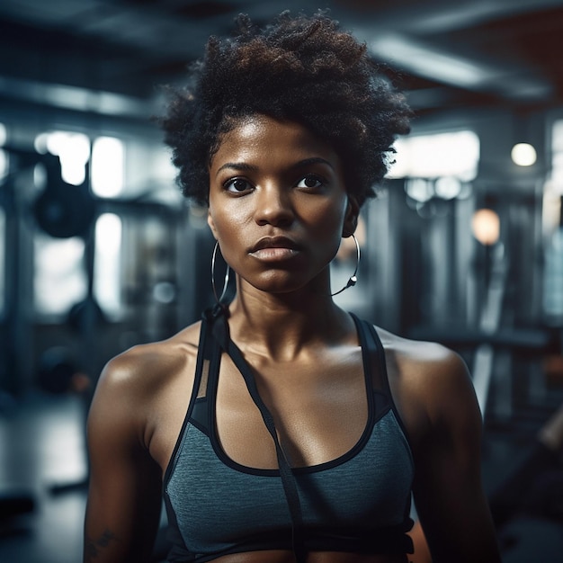 A woman in a gym with a black top and a grey top with a black bra.