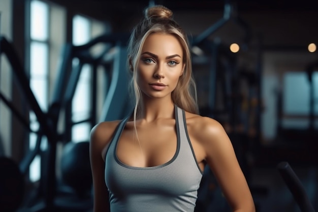 A woman in a gym with a gray tank top