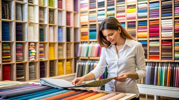 woman in haberdashery store matching material to colour sample