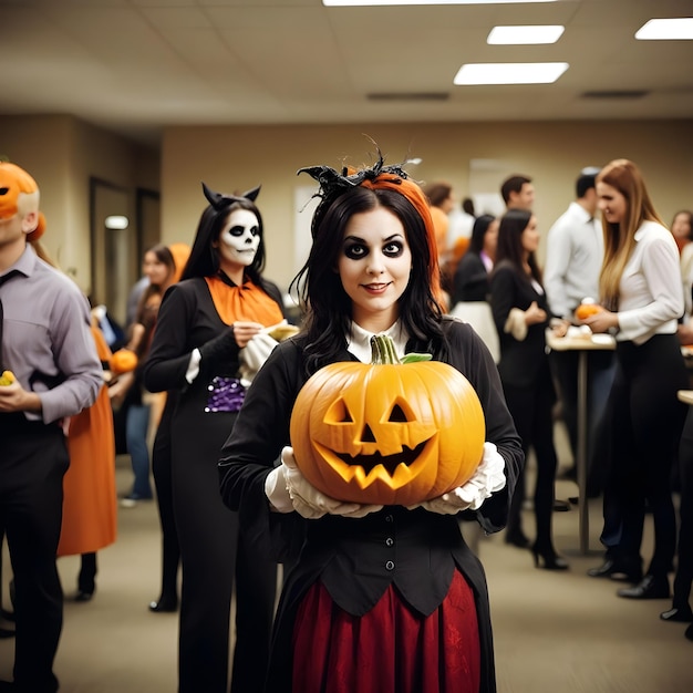 a woman in a halloween costume holds a pumpkin that says halloween