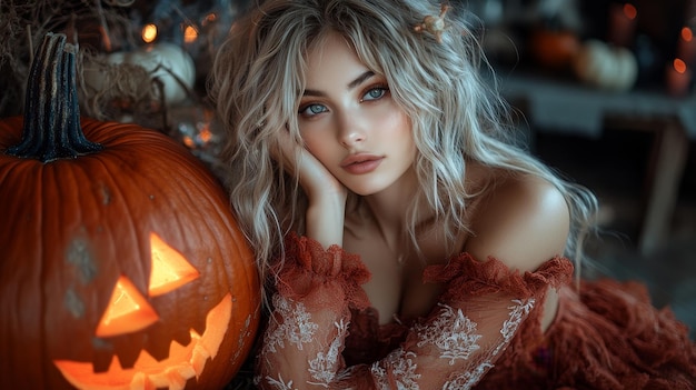 a woman in a halloween costume sits next to a pumpkin