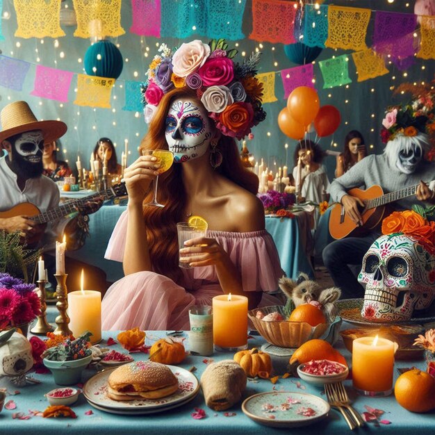 Photo a woman in a halloween costume sits at a table with a cake and a skull and flowers in her hair