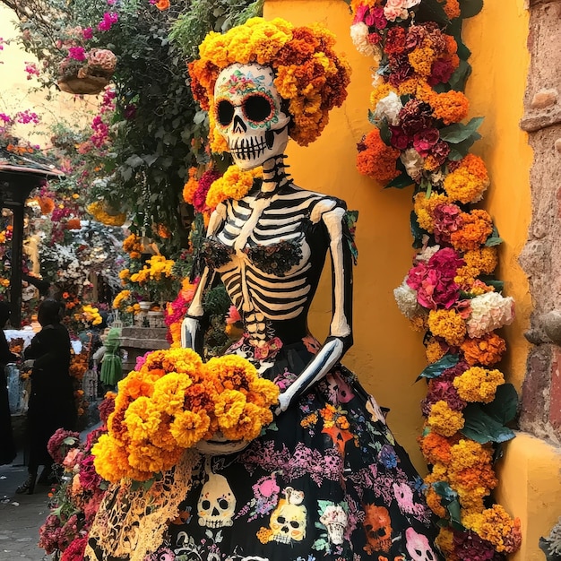 a woman in a halloween costume stands in front of a building with flowers and a skull