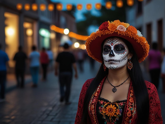 a woman in a halloween costume stands in front of a street with people walking in the background