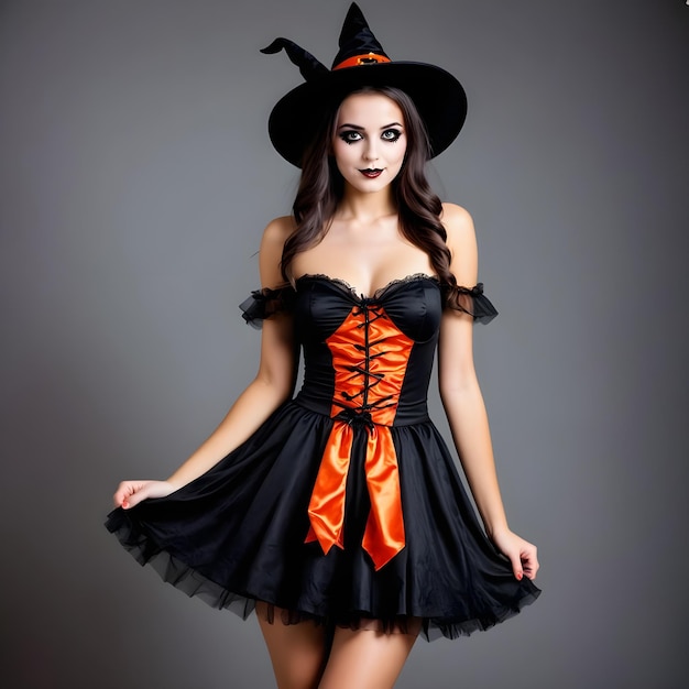 a woman in a halloween costume with a black hat on