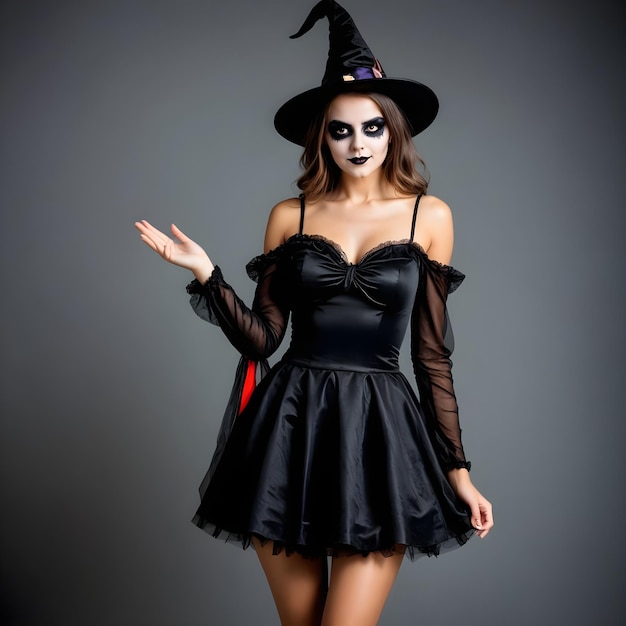 a woman in a halloween costume with a black hat on