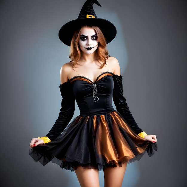 a woman in a halloween costume with a black hat on