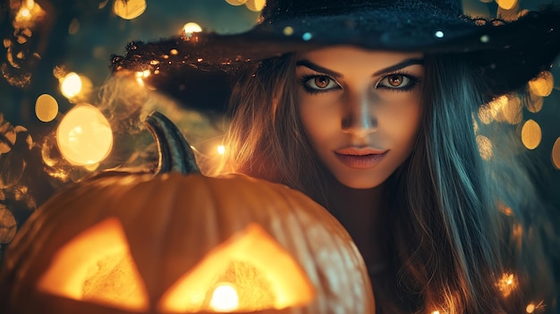 a woman in a halloween costume with a pumpkin in her hand