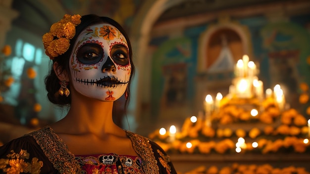 Photo a woman in a halloween costume with a skull and flowers on her chest