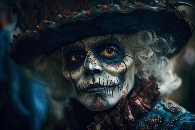 A woman in a halloween costume with a skull painted on her face