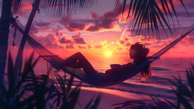 Photo a woman in a hammock is relaxing on a beach at sunset