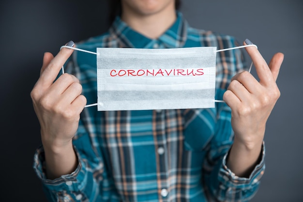 Woman hand coronavirus text in mask