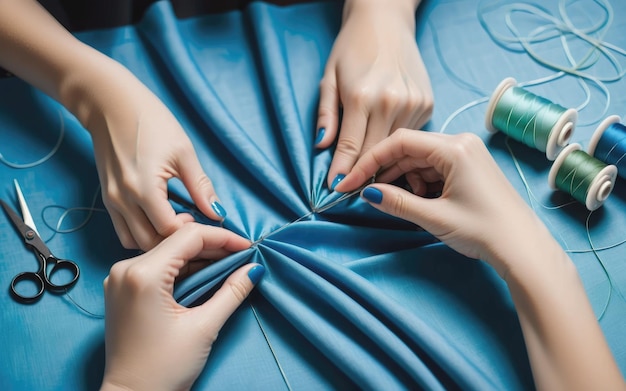 Woman hand delicately sewing blue fabric