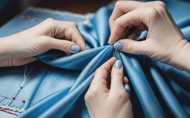 Woman hand delicately sewing blue fabric