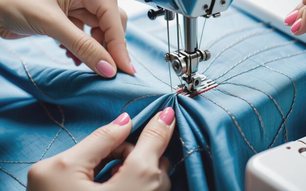 Woman hand delicately sewing blue fabric