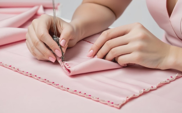 Woman hand delicately sewing pink fabric