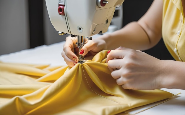 Woman hand delicately sewing yellow fabric