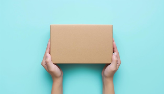 Woman hand hold the brown corrugated box on blue wall background with copy space