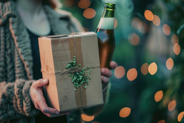 Woman hand holdind beer or vine cardboard box