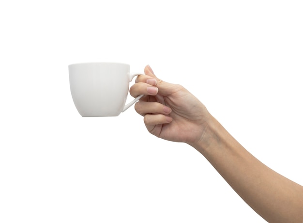 Woman hand holding coffee cup isolate on white background