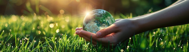 Woman hand holding a glass planet Earth on a green grass Generate AI image