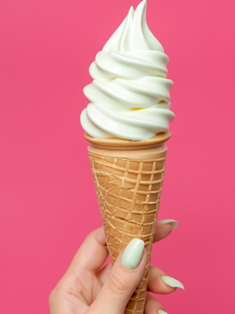 Woman hand holding an ice cream cone on a pink background