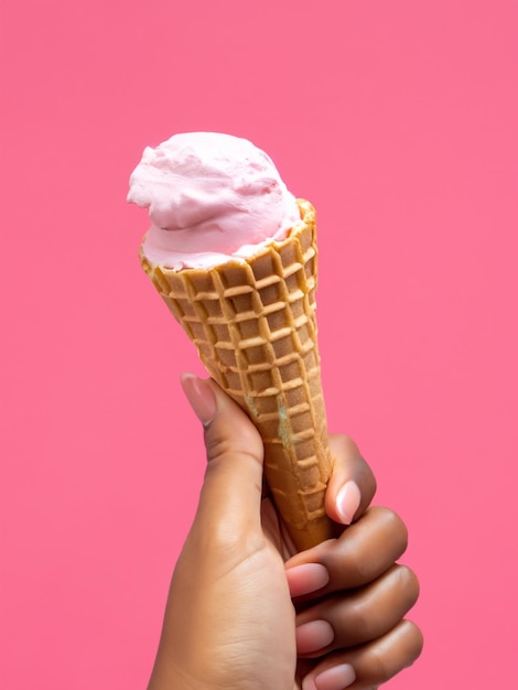 Woman hand holding an ice cream cone on a pink background