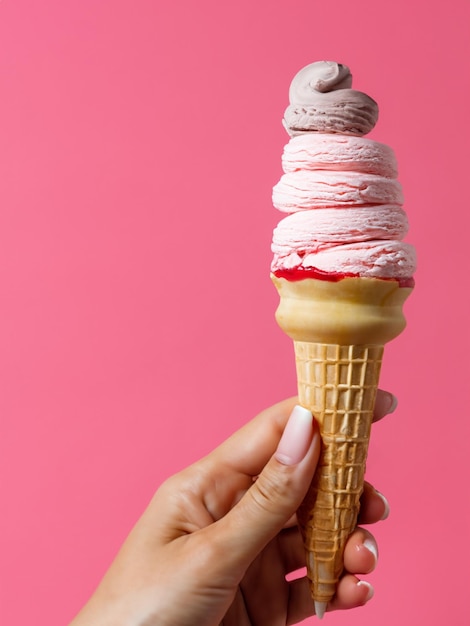 Woman hand holding an ice cream cone on a pink background